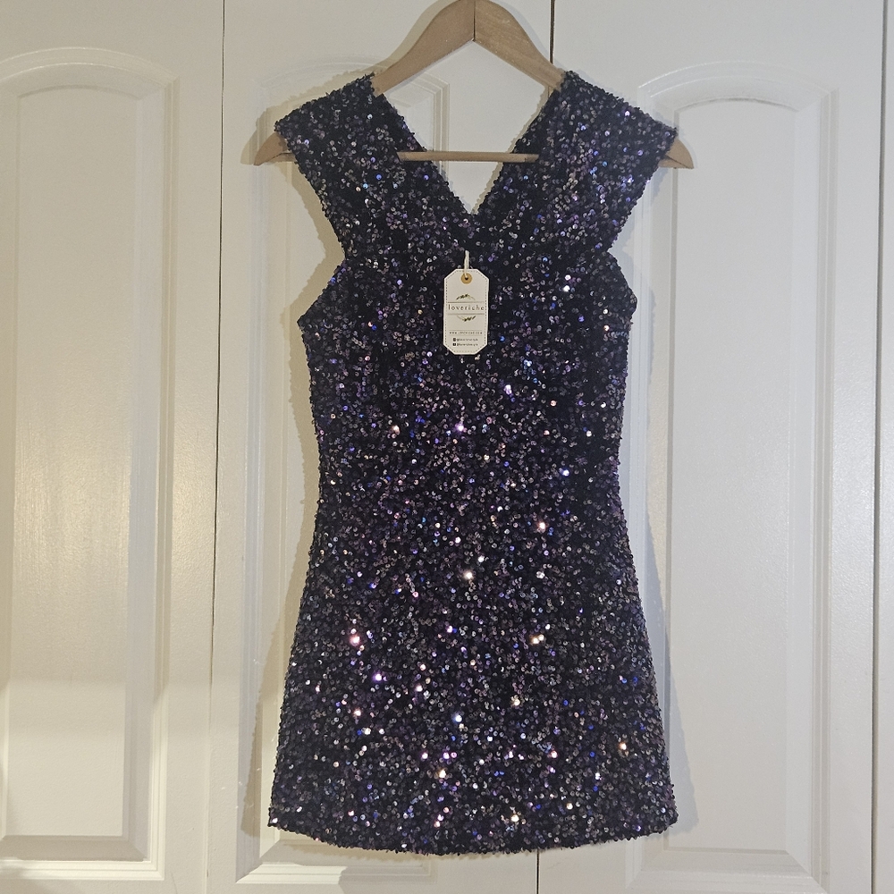 Loverich Sequin Mini Dress M PurpleBlack Prom Party Homecoming Glam Cocktail NWT